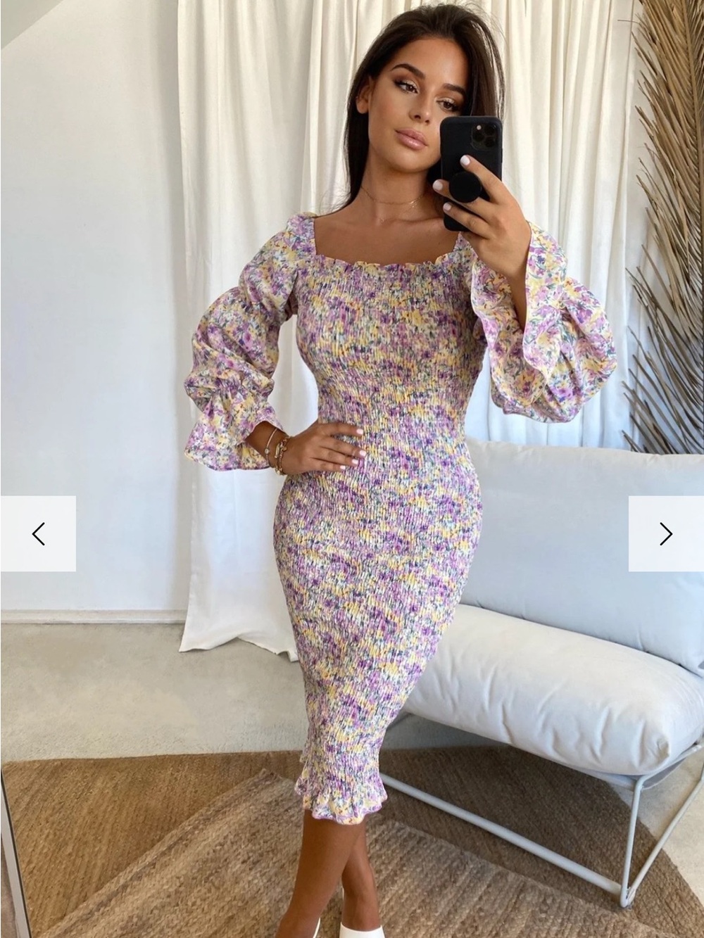 Smocked Square Neck Midi Dress in Lavender Floral